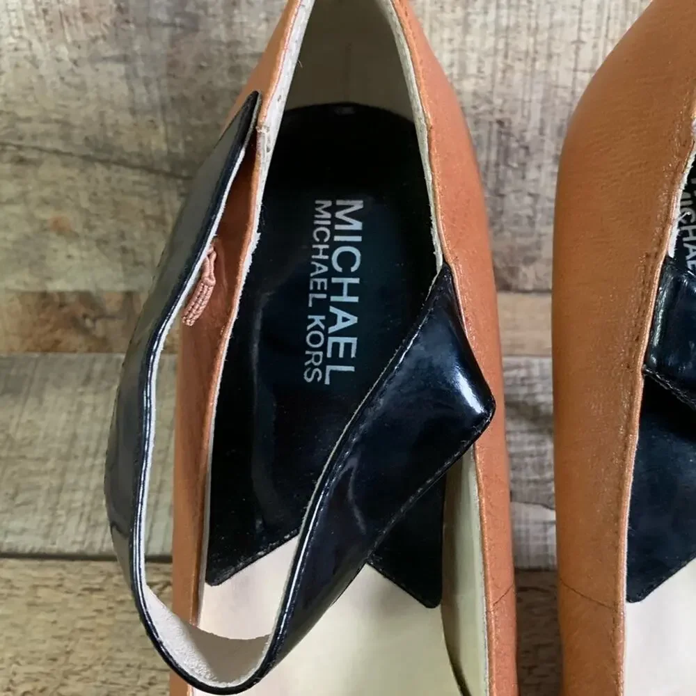 Michael Kors Two Tone Tan Black Patent Mary Jane Heels Shoes Size 9